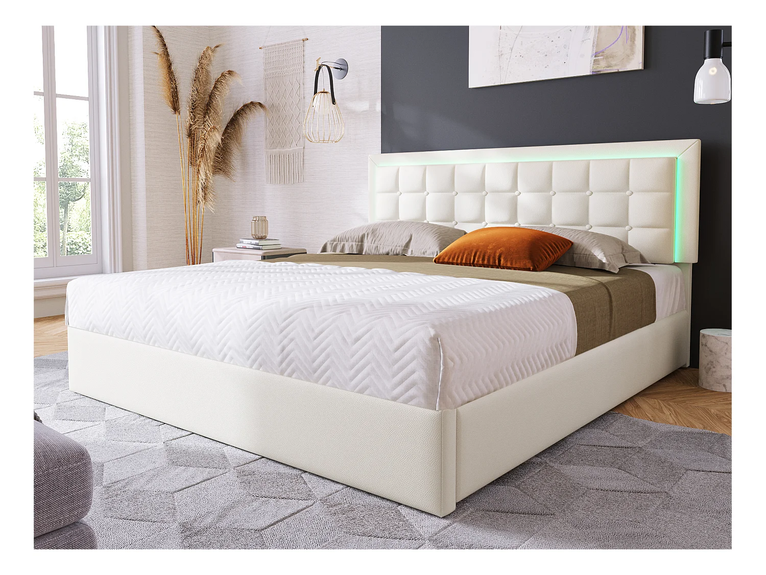 Letto contenitore 160x200cm con LED in similpelle - con rete a doghe - Bianco
