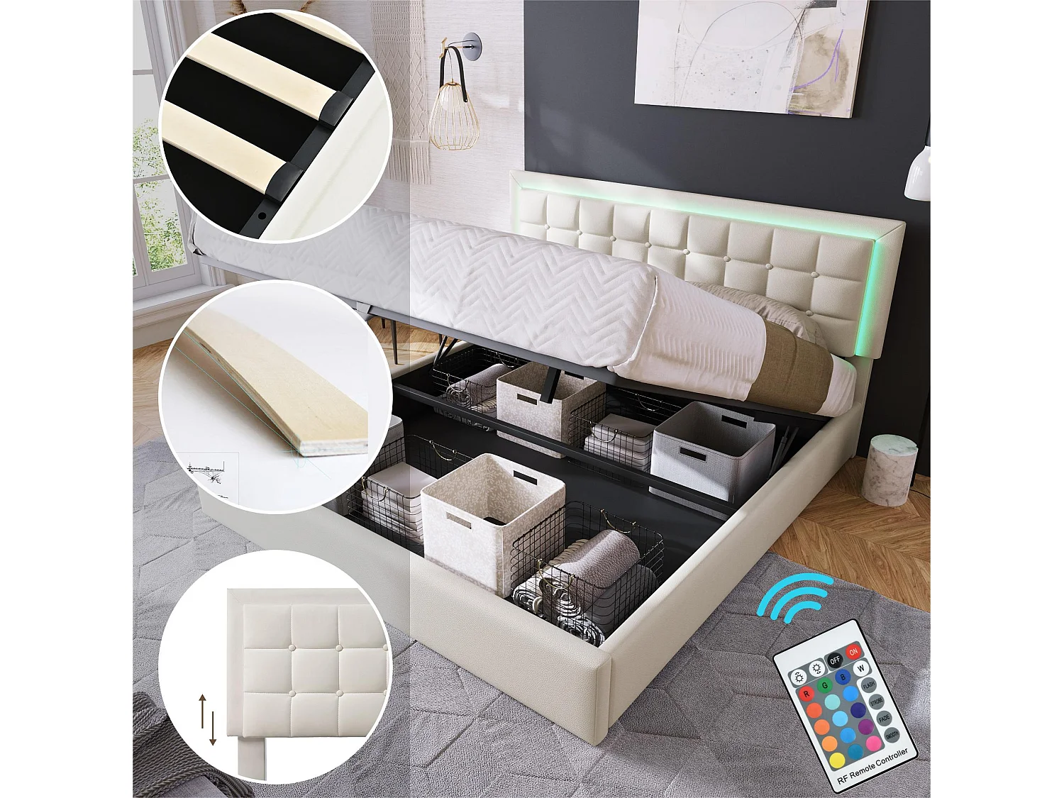 Letto contenitore 160x200cm con LED in similpelle - con rete a doghe - Bianco