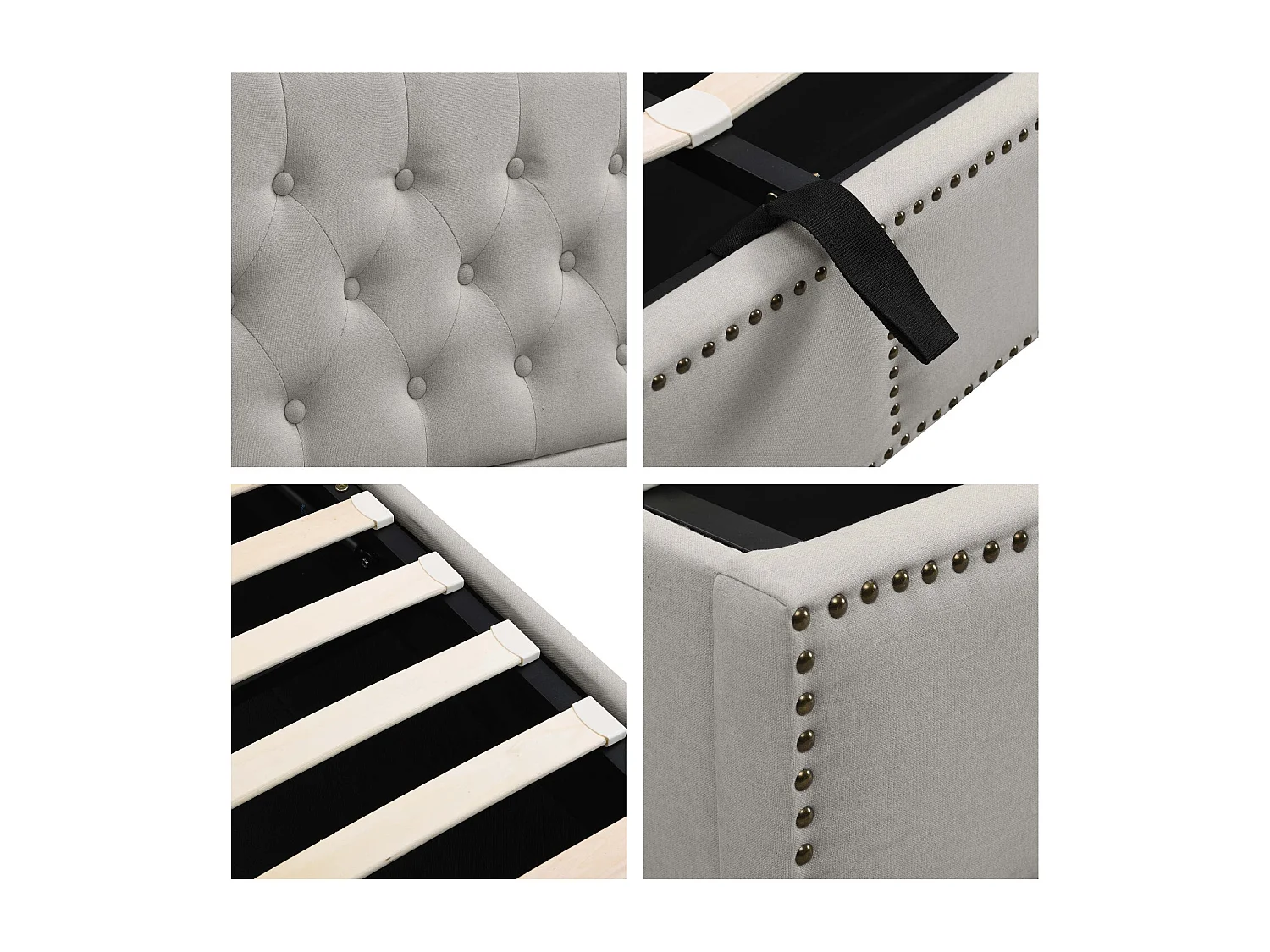 Letto imbottito in lino con contenitore - decorato con rivetti - con rete a doghe - 180x200 cm - Grigio chiaro