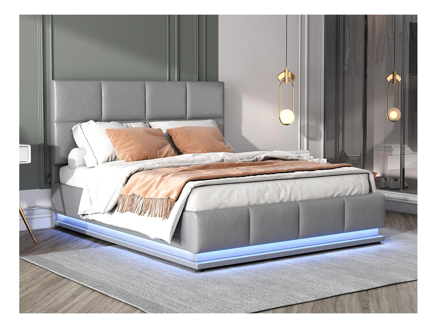 Gestoffeerd opbergbed 140x200 cm met LED verlichting - in kunstleer - Grijs