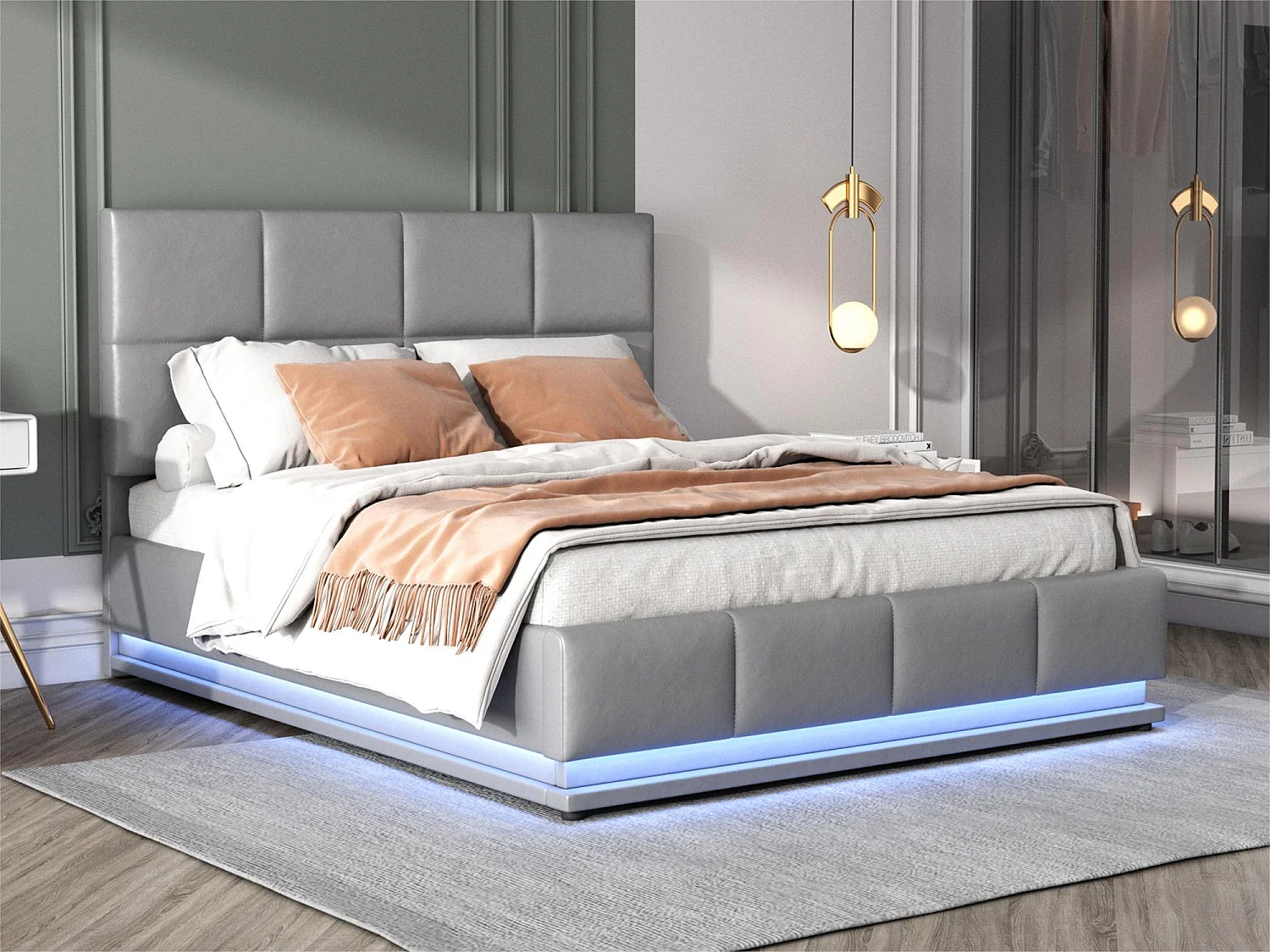 Gestoffeerd opbergbed 140x200 cm met LED verlichting - in kunstleer - Grijs