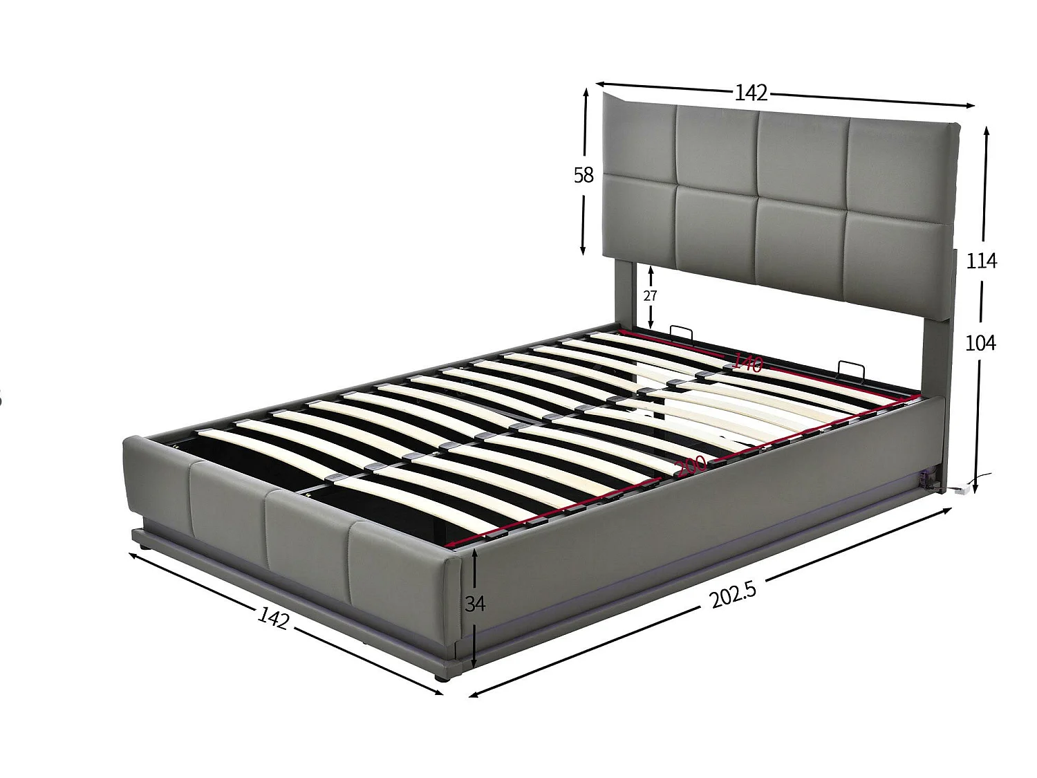 Gestoffeerd opbergbed 140x200 cm met LED verlichting - in kunstleer - Grijs