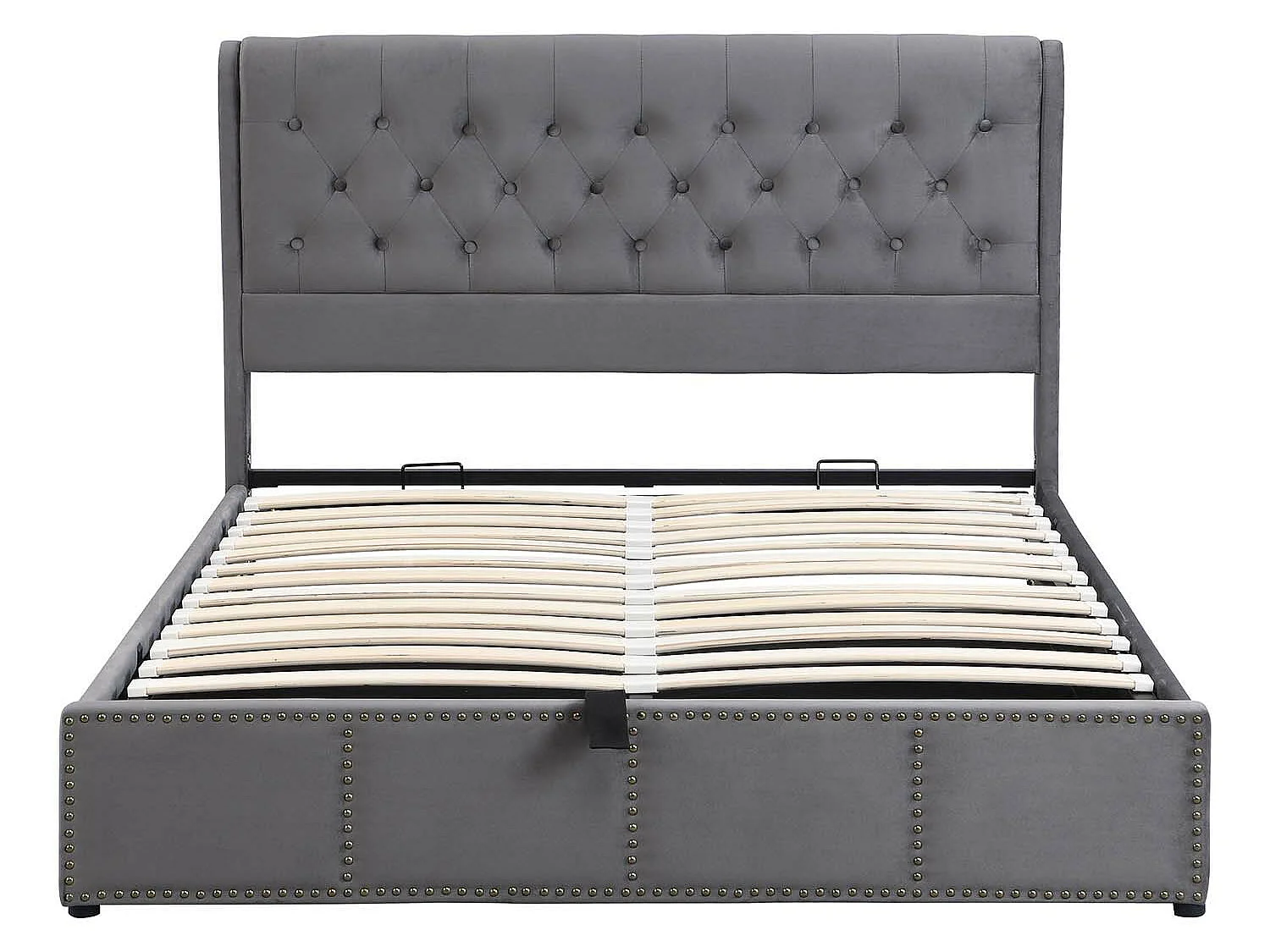 Letto contenitore imbottito in velluto - decorato con rivetti - con rete a doghe - 180x200 cm - Grigio