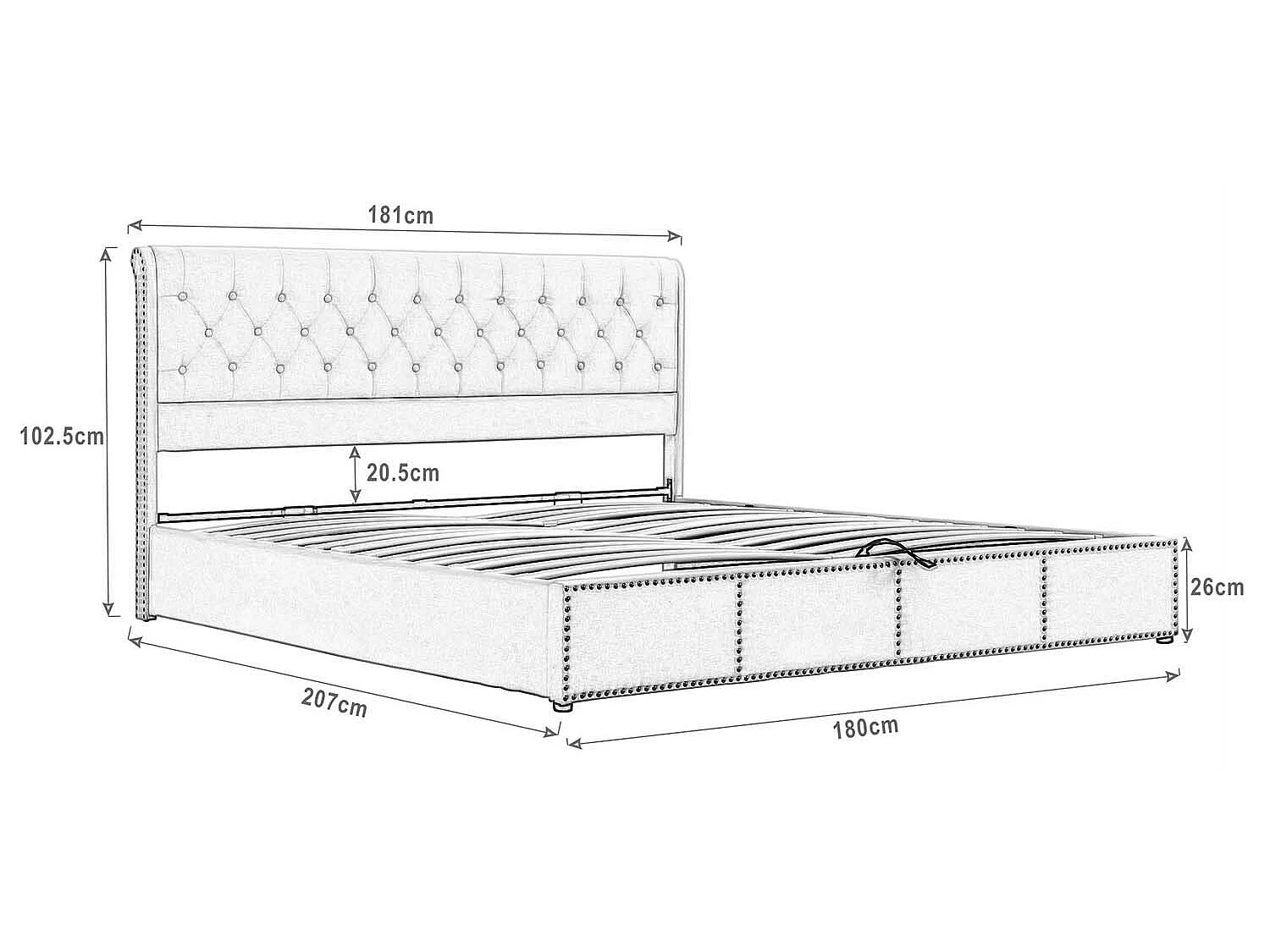 Letto contenitore imbottito in velluto - decorato con rivetti - con rete a doghe - 180x200 cm - Grigio