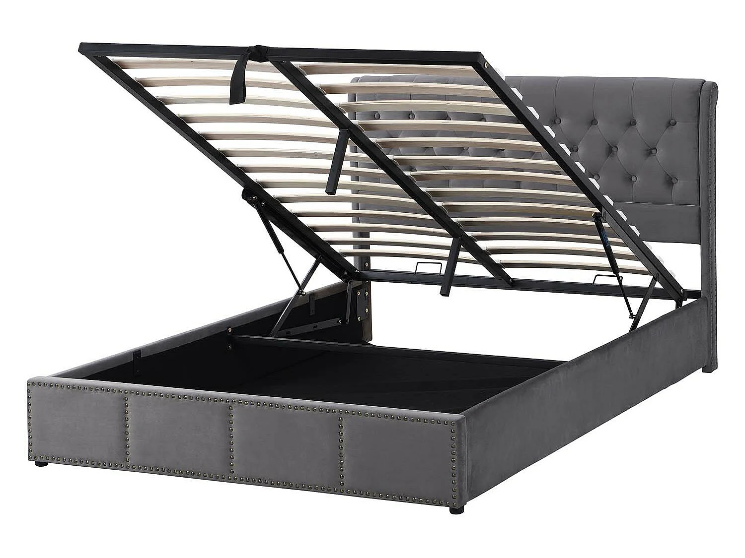 Lit coffre rembourré en velours - décoré de rivets - avec sommier à lattes - 180x200cm - Gris