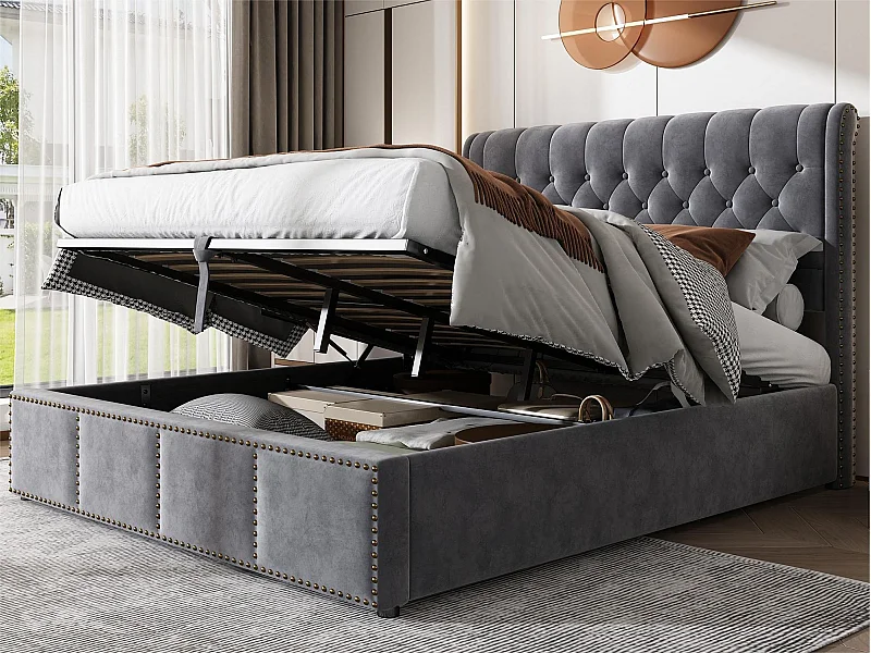 Letto contenitore imbottito in velluto - decorato con rivetti - con rete a doghe - 180x200 cm - Grigio