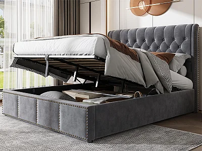 Fluwelen gestoffeerd opbergbed - versierd met klinknagels - met lattenbodem - 180x200cm - Grijs