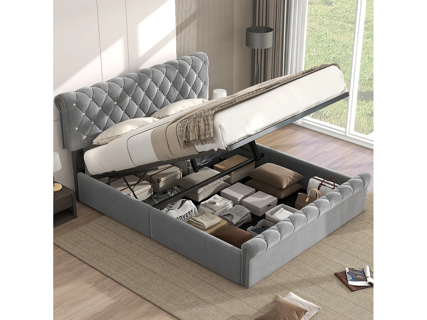 Gepolstertes Stauraumbett 140 x 200 cm – Samtstoff – verstellbares Kopfteil – Grau