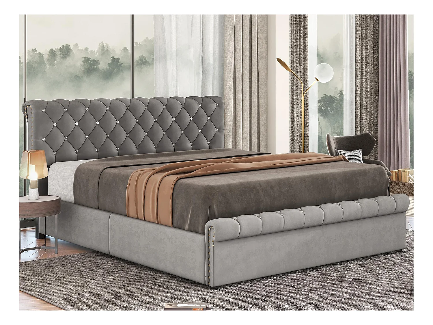 Lit coffre rembourré 140x200cm - tissu en velours - tête de lit réglable - Gris