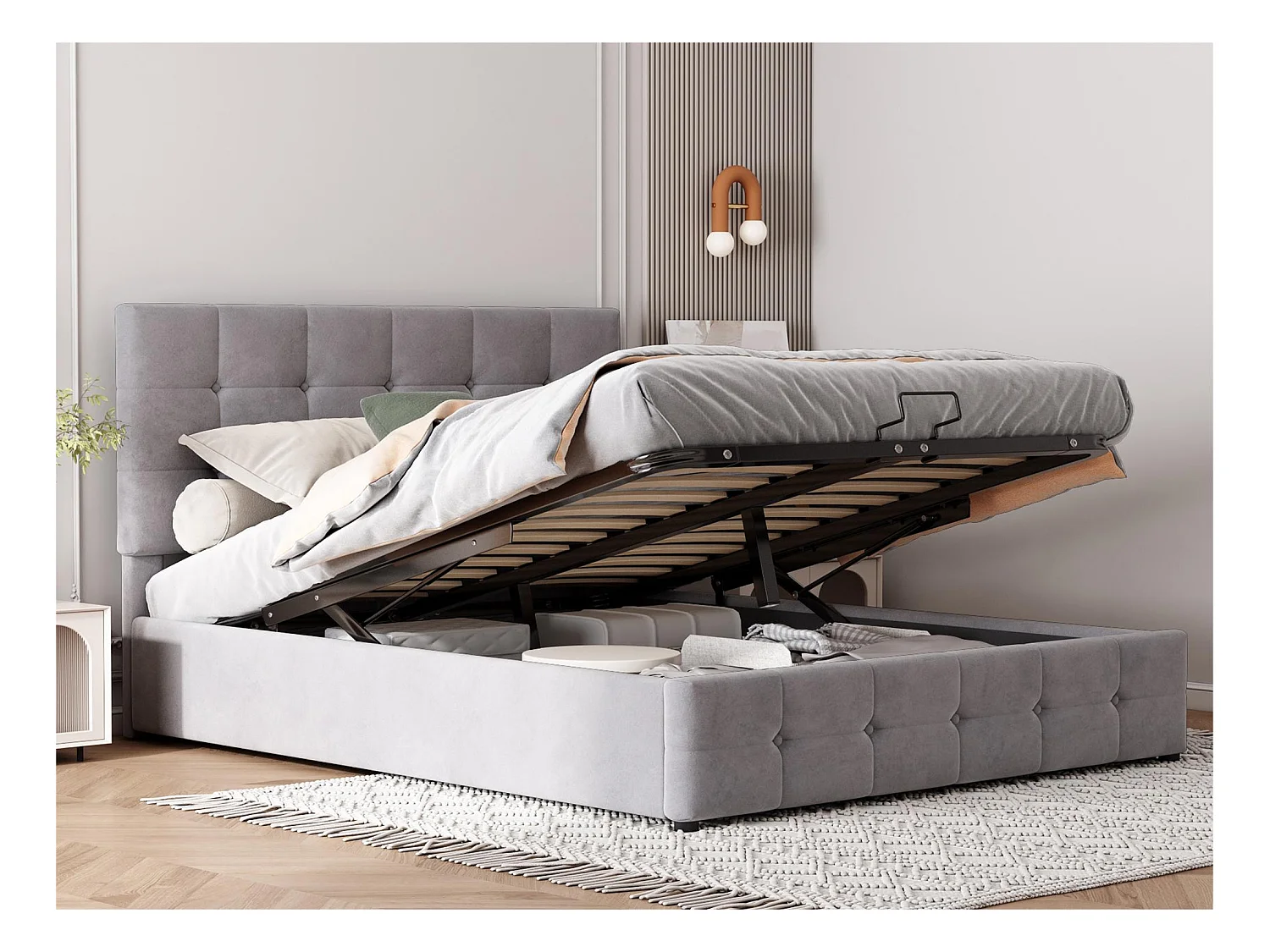 Lit coffre rembourré - 140x200cm - tissu en velours - tête réglable à motif bloc - Gris