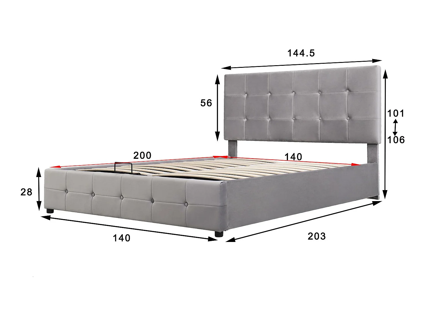 Lit coffre rembourré - 140x200cm - tissu en velours - tête réglable à motif bloc - Gris