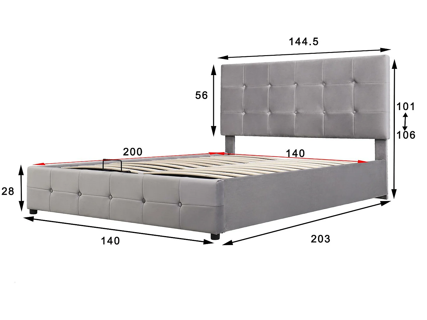 Lit coffre rembourré - 140x200cm - tissu en velours - tête réglable à motif bloc - Gris