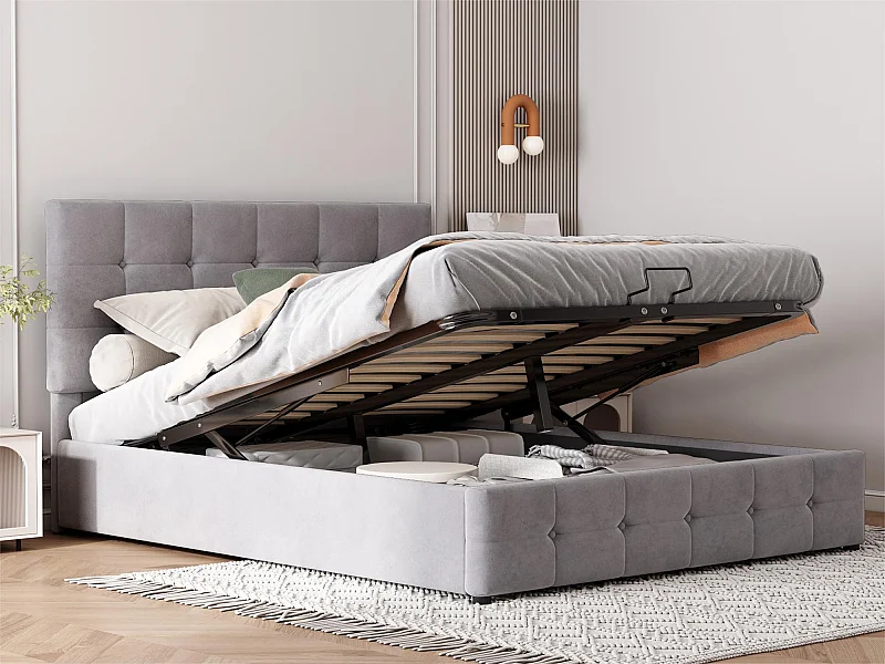 Lit coffre rembourré - 140x200cm - tissu en velours - tête réglable à motif bloc - Gris