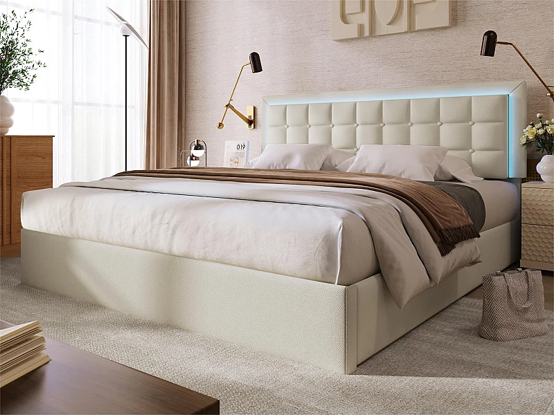 Bettkasten 180x200cm mit LED aus Kunstleder – mit Lattenrost – Weiß