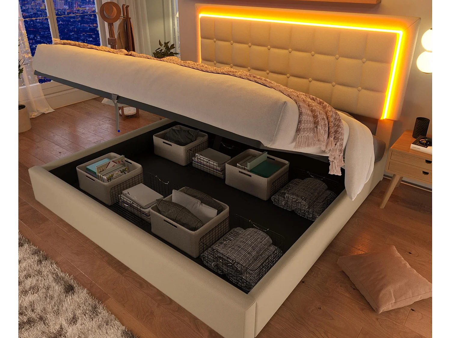 Letto contenitore 180x200cm con LED in similpelle - con rete a doghe - Bianco