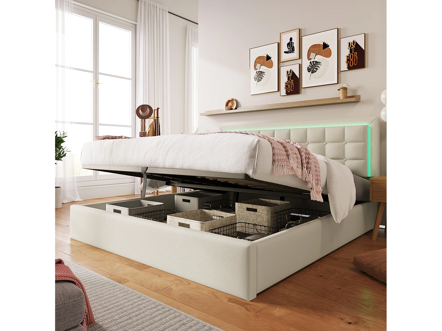 Letto contenitore 180x200cm con LED in similpelle - con rete a doghe - Bianco
