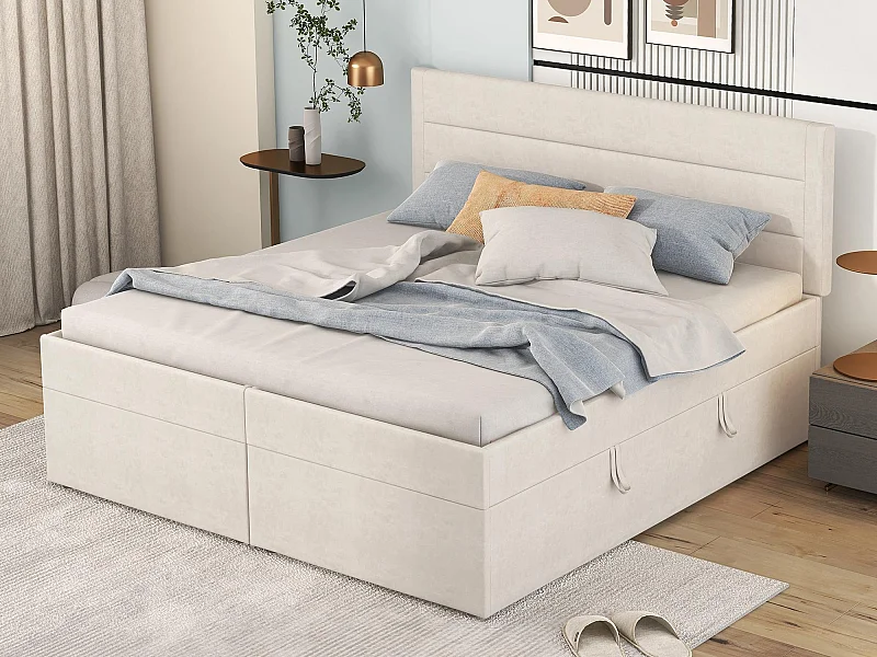 Bett mit Bettkasten mit Lattenrost – 140 x 200 cm – Leinen – Beige