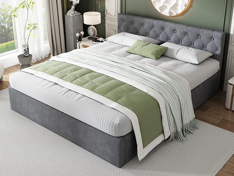 140 x 200 cm großes Samtbett mit Lattenrost – Grau