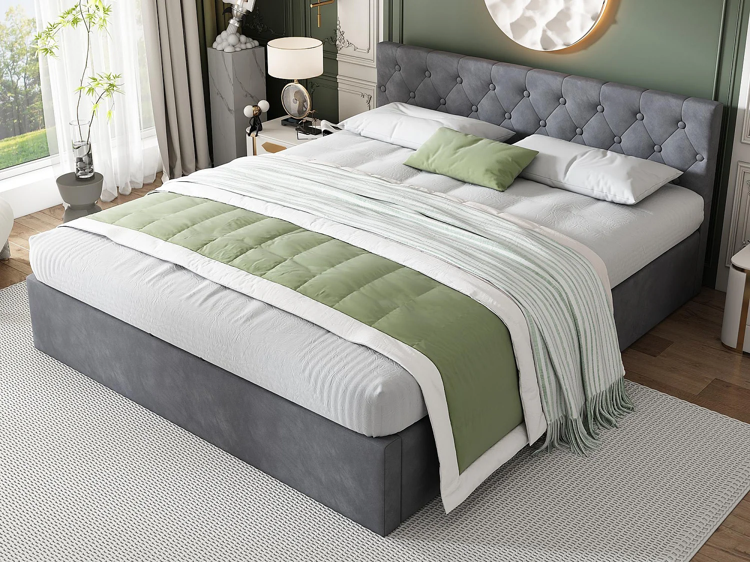 Letto contenitore in velluto 140x200 cm con rete a doghe - Grigio