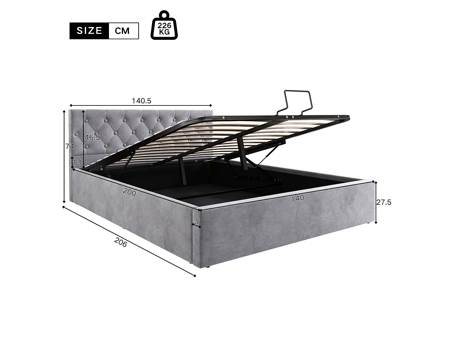 Letto contenitore in velluto 140x200 cm con rete a doghe - Grigio