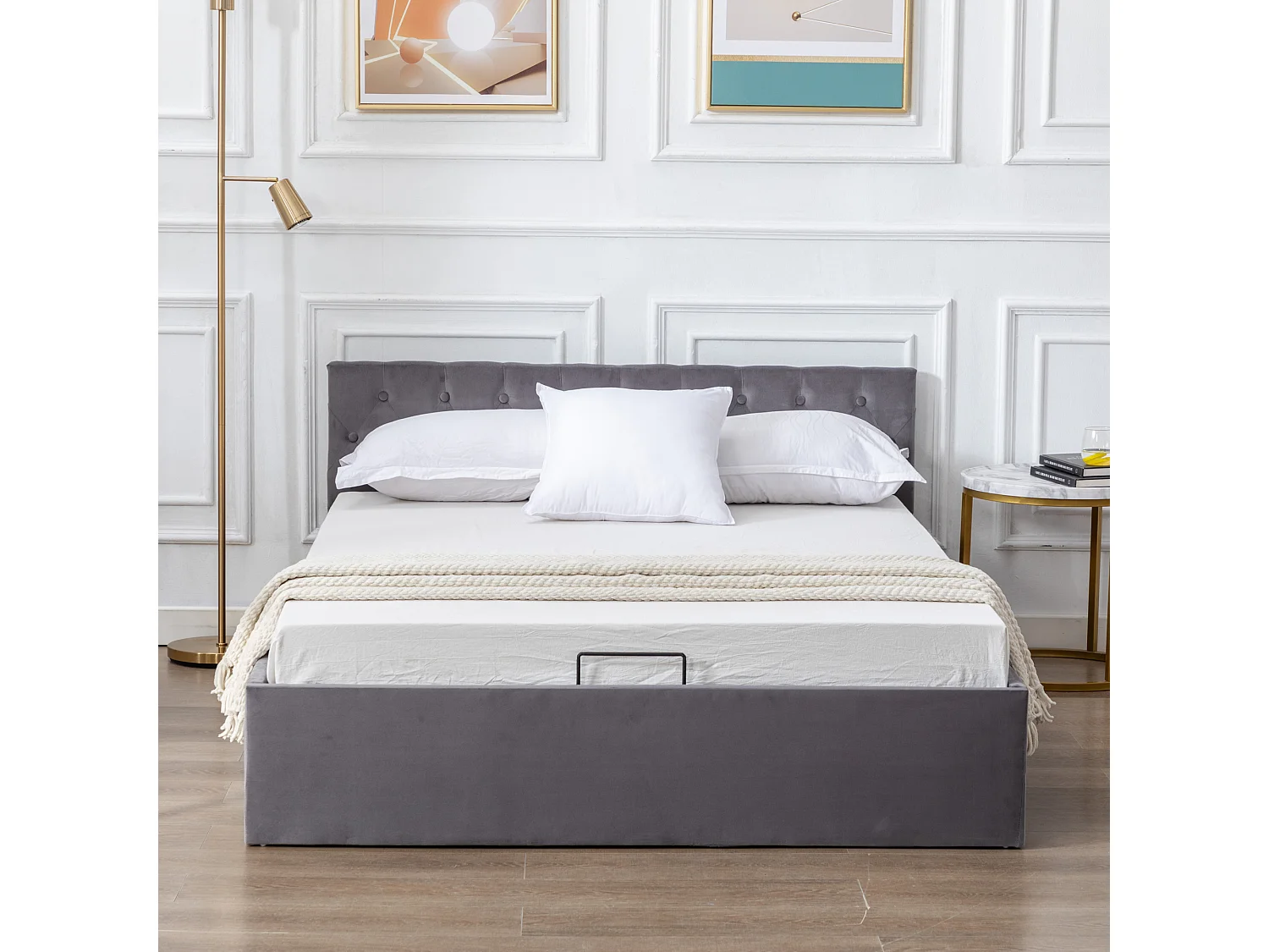 Letto contenitore in velluto 140x200 cm con rete a doghe - Grigio