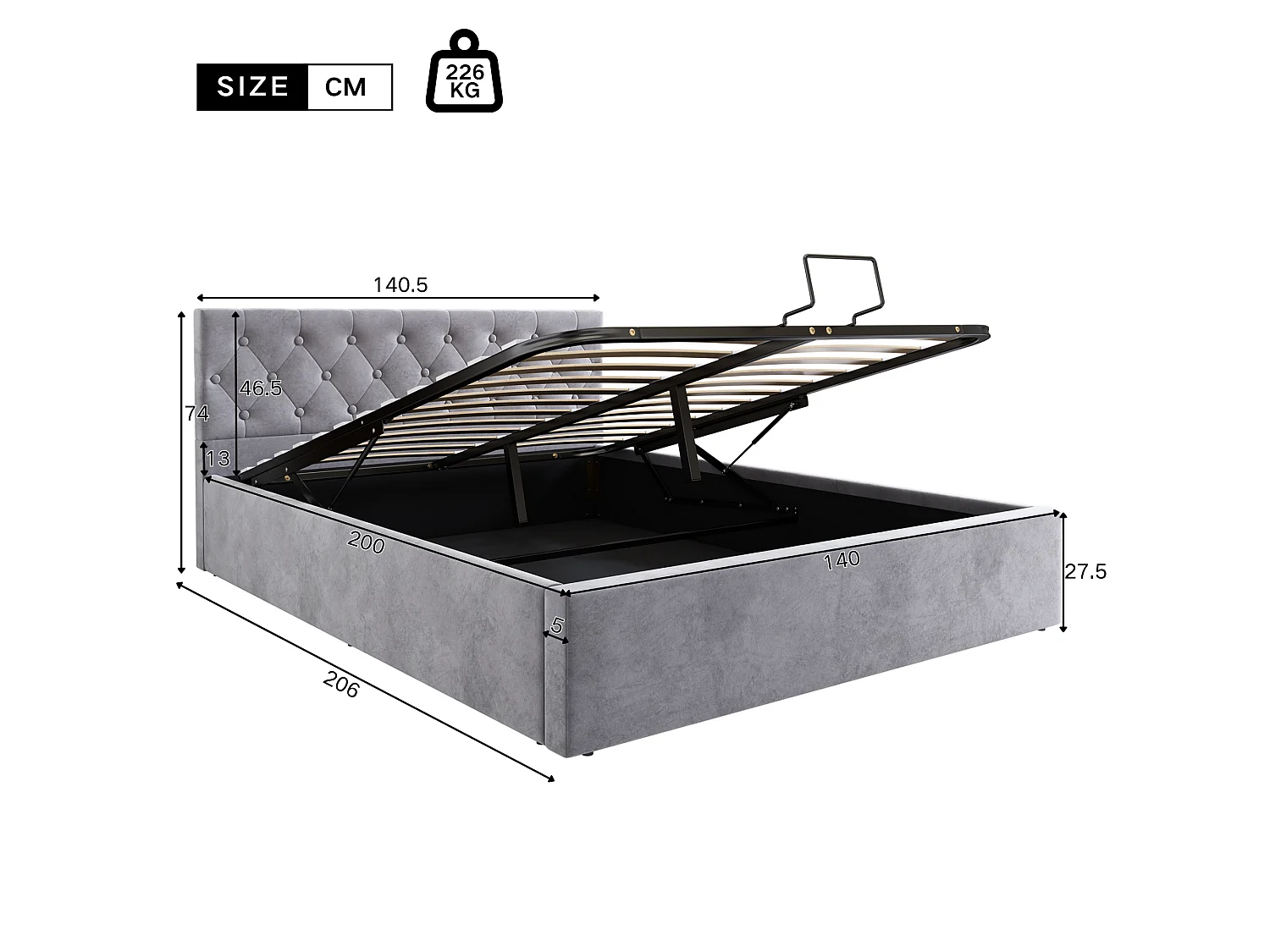 140 x 200 cm großes Samtbett mit Lattenrost – Grau