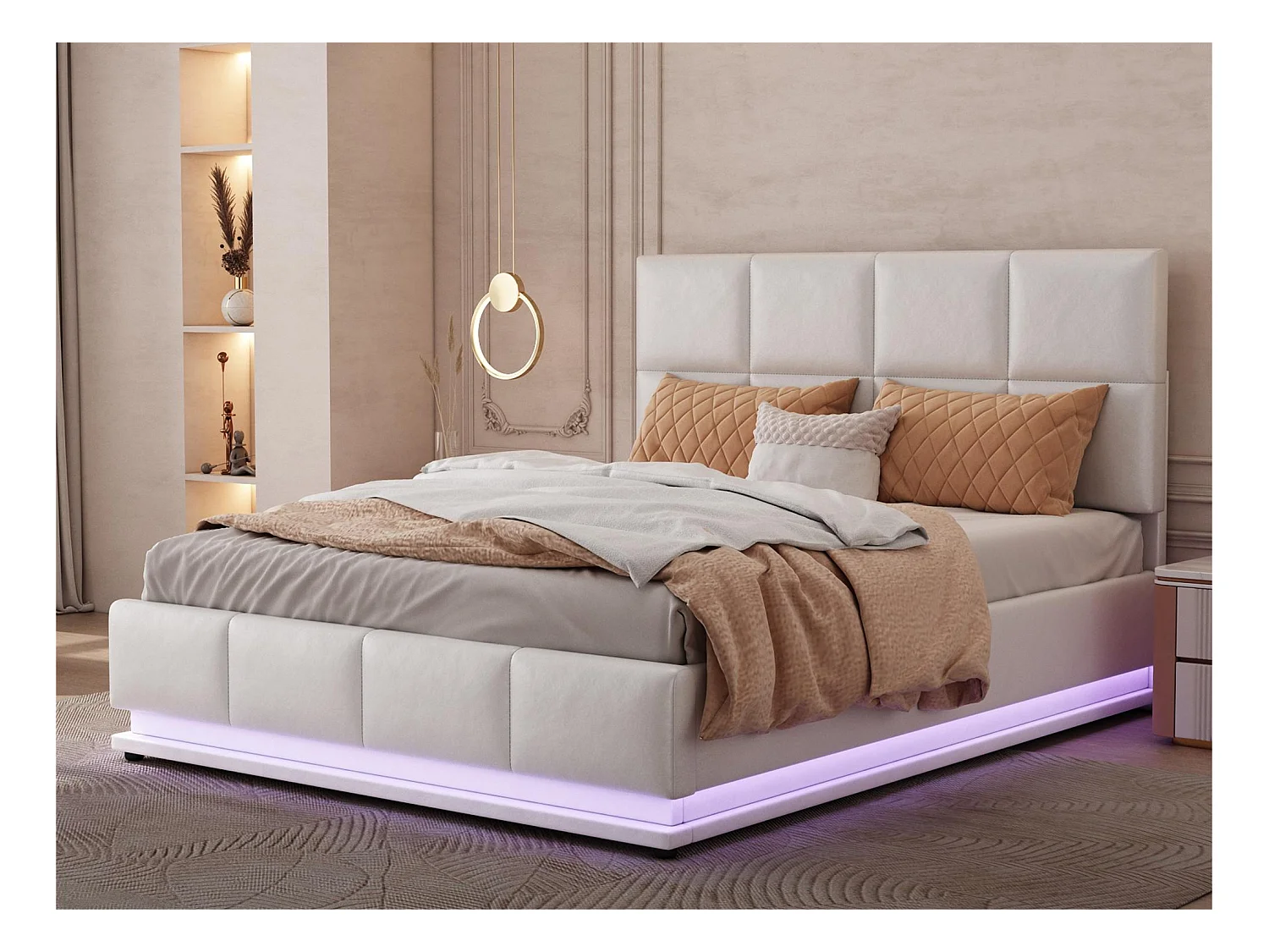 Lit coffre rembourré 140x200 cm avec éclairage LED - en similicuir - Blanc