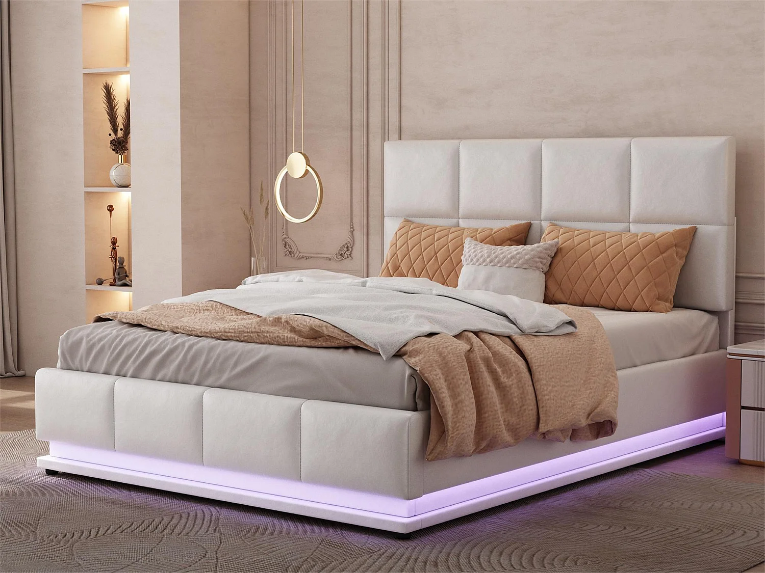 Gestoffeerd opbergbed 140x200 cm met LED verlichting - in kunstleer - Wit