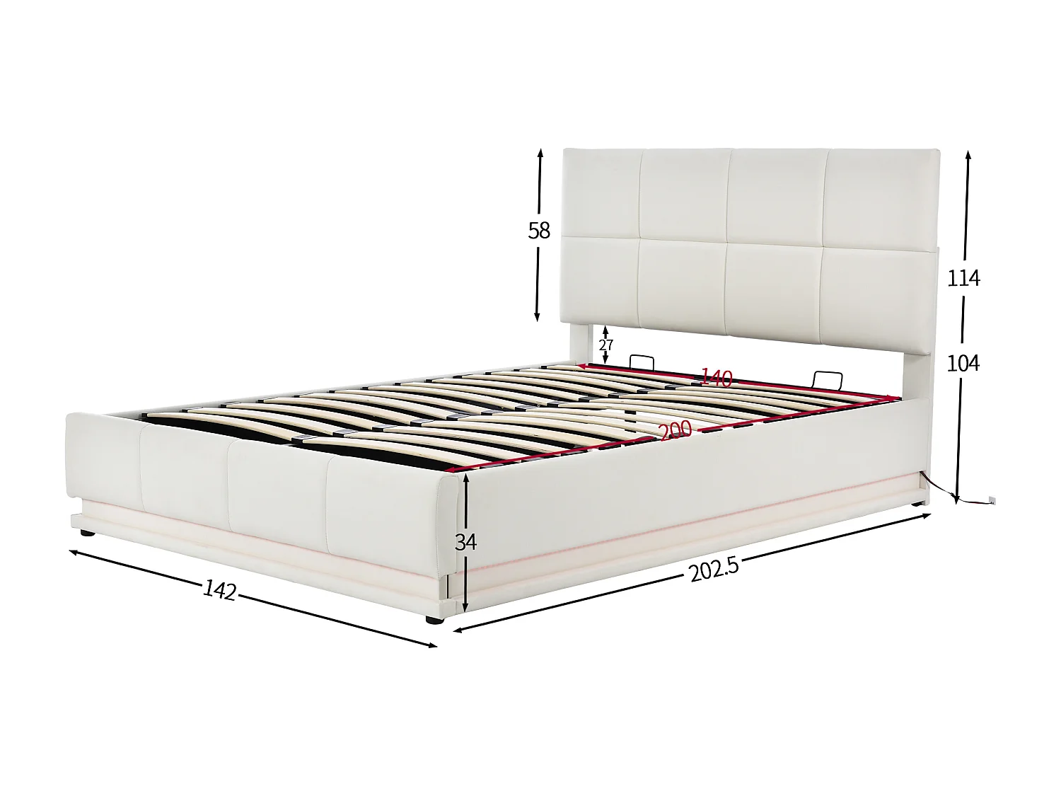 Gestoffeerd opbergbed 140x200 cm met LED verlichting - in kunstleer - Wit