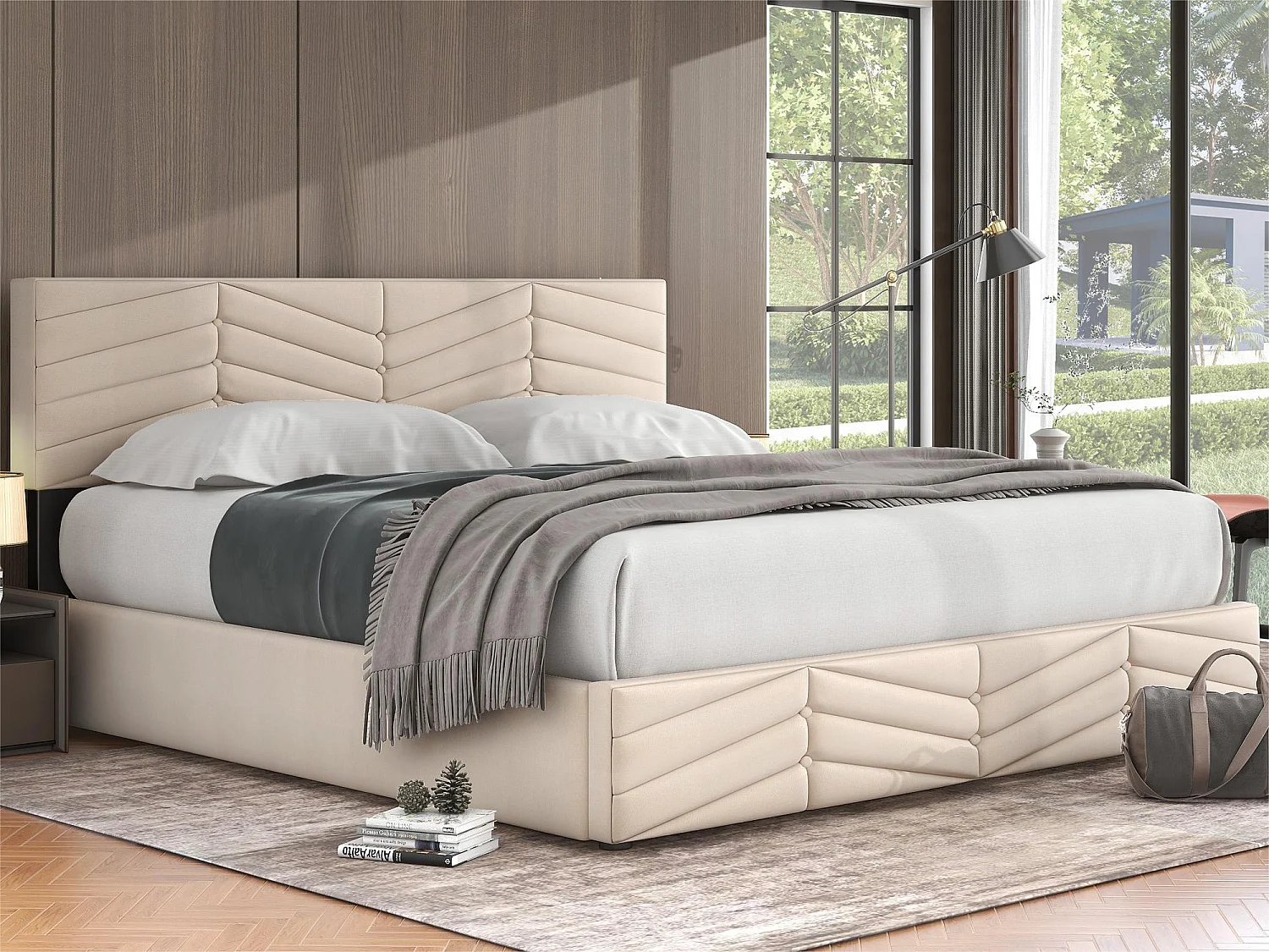Cama contenedor de terciopelo con somier de láminas + cabecero ajustable - 180x200cm - Beige