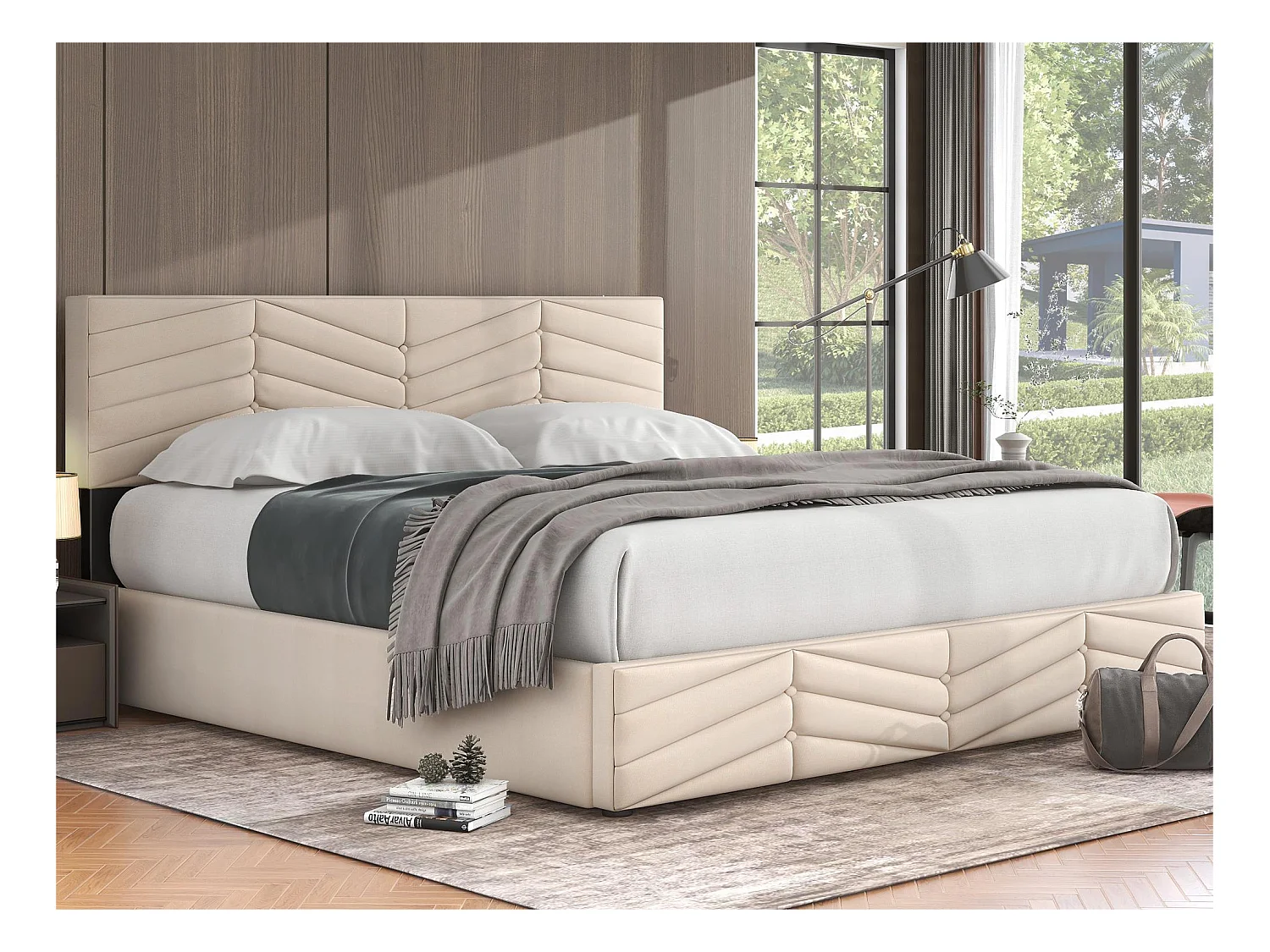 Lit coffre en velours avec sommier à lattes + tête de lit réglable - 180x200cm - Beige