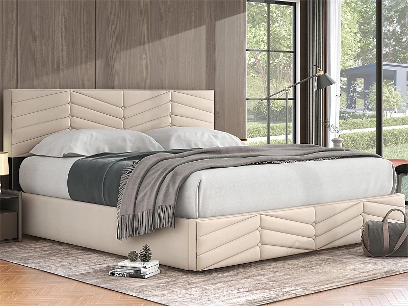 Fluwelen opbergbed met lattenbodem + verstelbaar hoofdeinde - 180x200cm - Beige