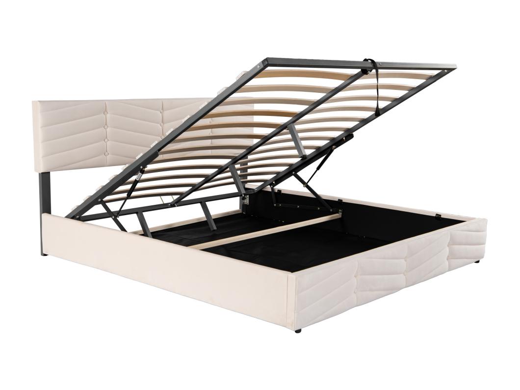 Letto contenitore in velluto con rete a doghe + testiera regolabile - 180x200 cm - Beige