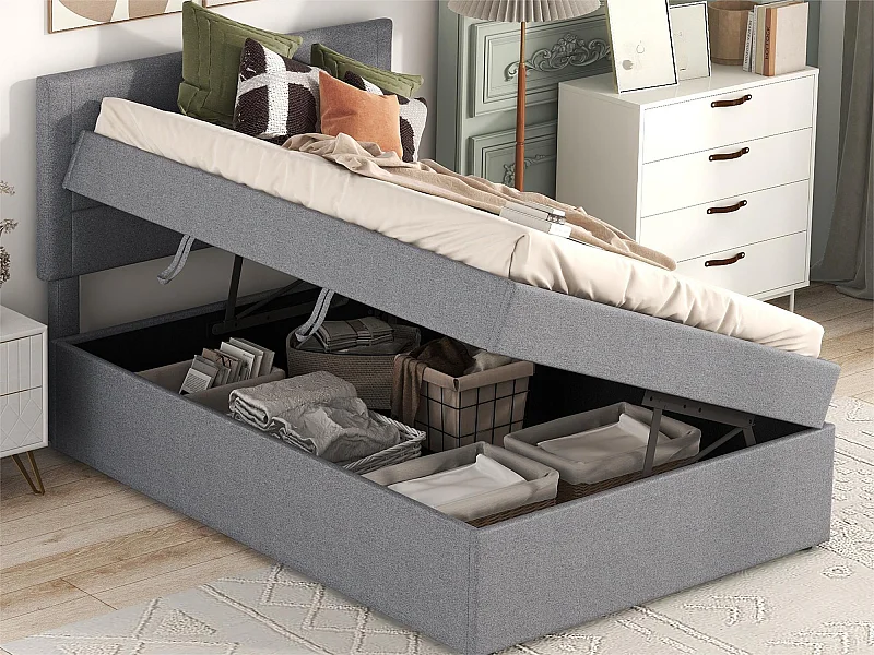 Bett mit Bettkasten mit Lattenrost – 90 x 200 cm – Leinen – Grau