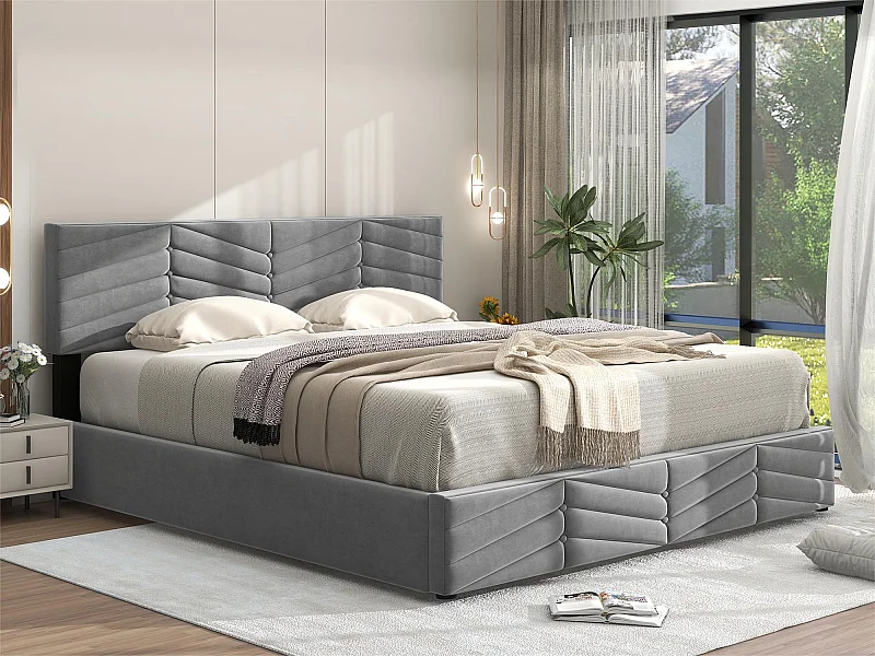 Samtbett mit Stauraum und Lattenrost + verstellbarem Kopfteil – 140 x 200 cm – Grau