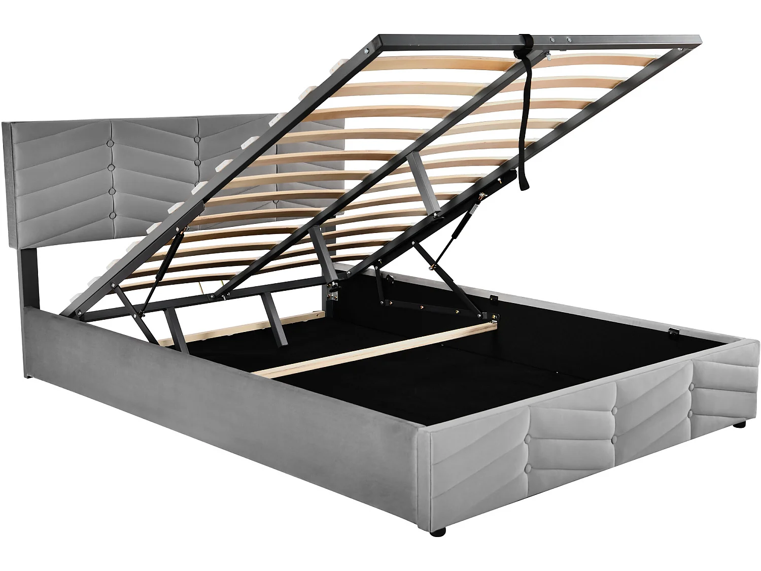 Cama contenedor de terciopelo con somier de láminas + cabecero ajustable - 140x200cm - Gris