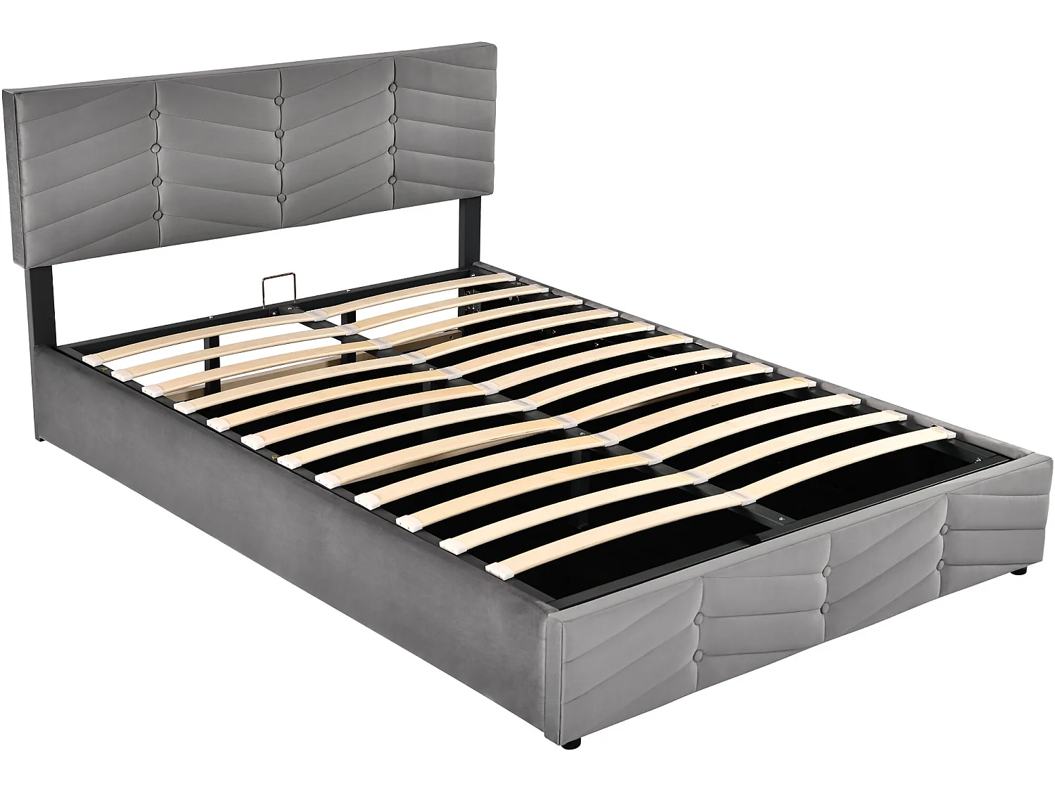 Cama contenedor de terciopelo con somier de láminas + cabecero ajustable - 140x200cm - Gris