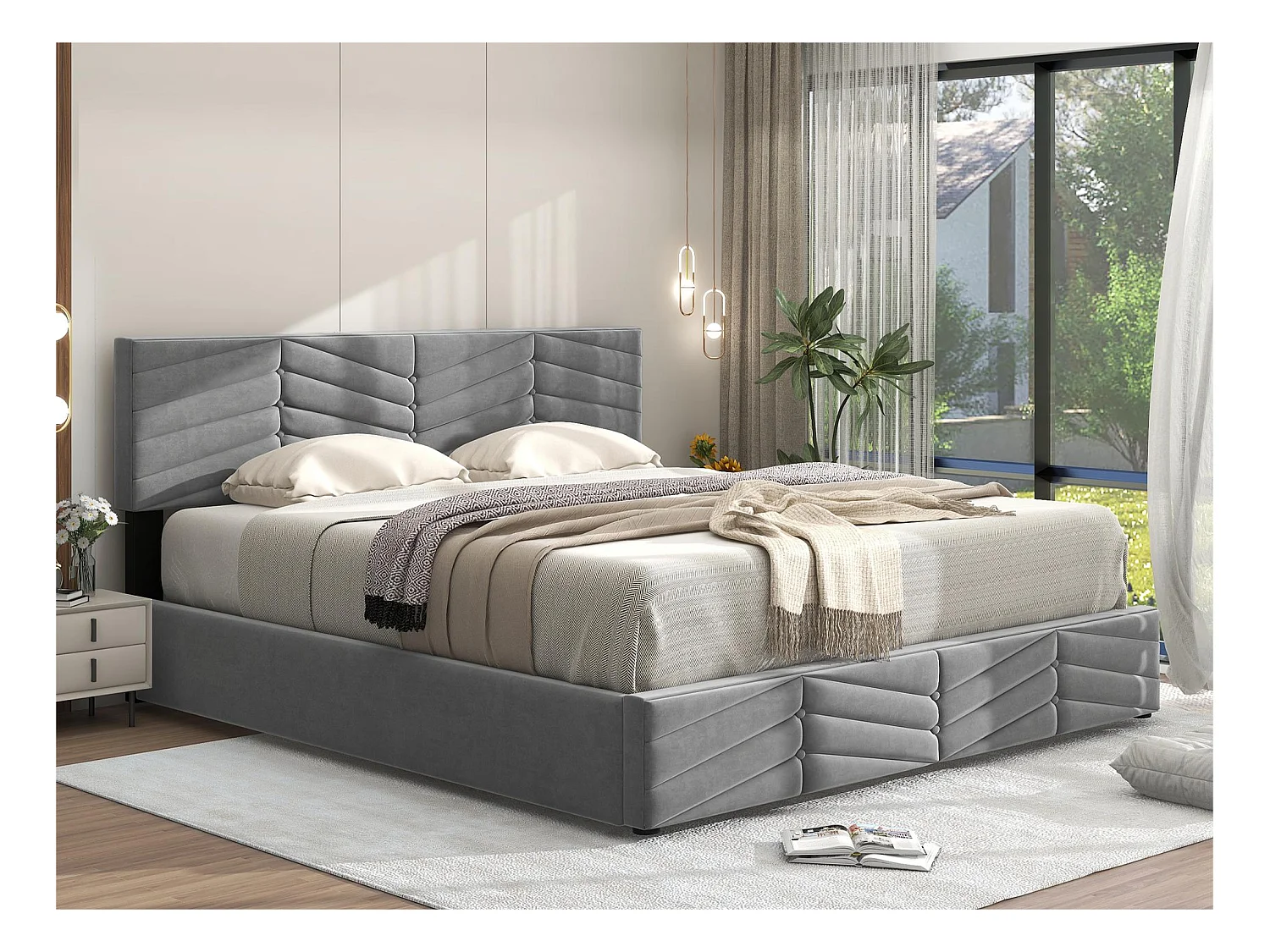 Fluwelen opbergbed met lattenbodem + verstelbaar hoofdeinde - 140x200cm - Grijs