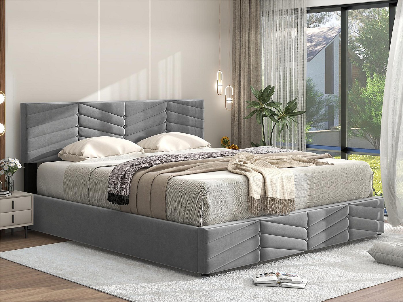 Letto contenitore in velluto con rete a doghe + testiera regolabile ...