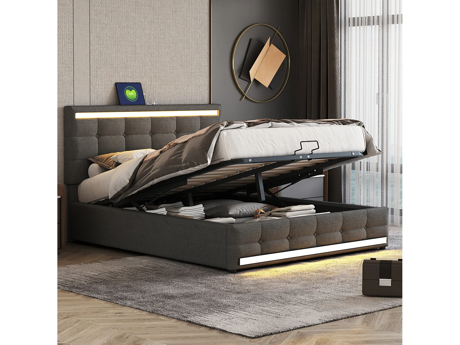 Lit coffre en lin avec led + 2 ports usb + sommier à lattes + tête de lit réglable - 140x200 cm - gris