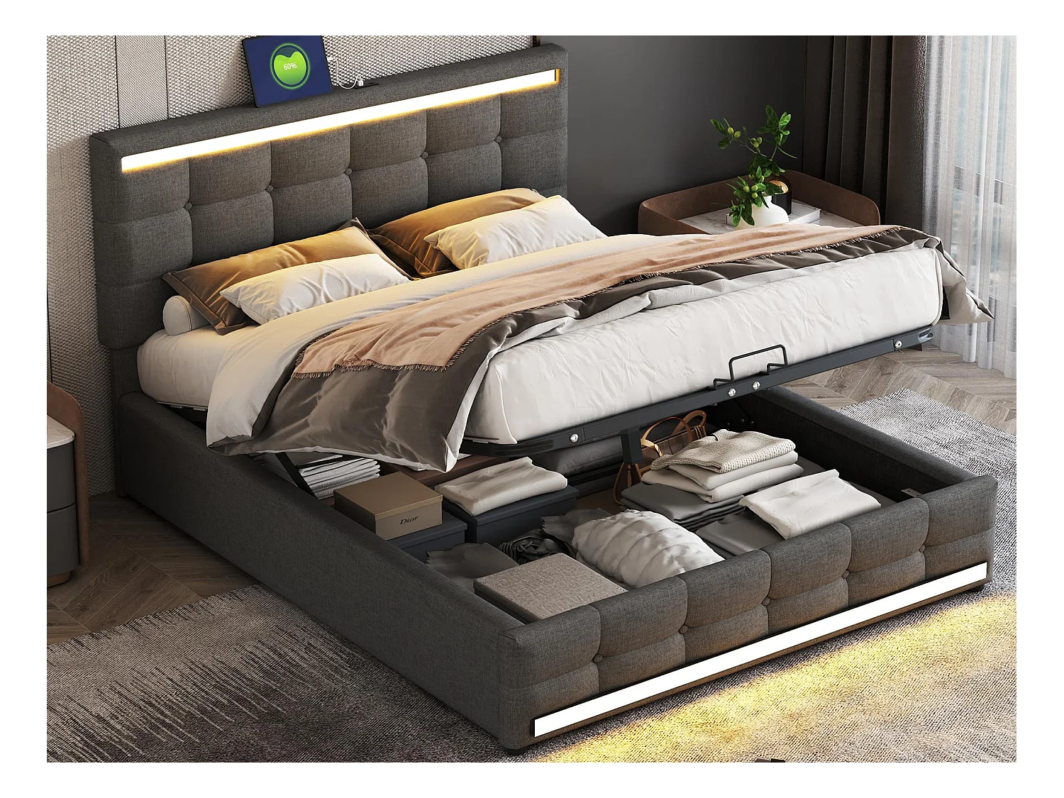 Lit coffre en lin avec led + 2 ports usb + sommier à lattes + tête de lit réglable - 140x200 cm - gris