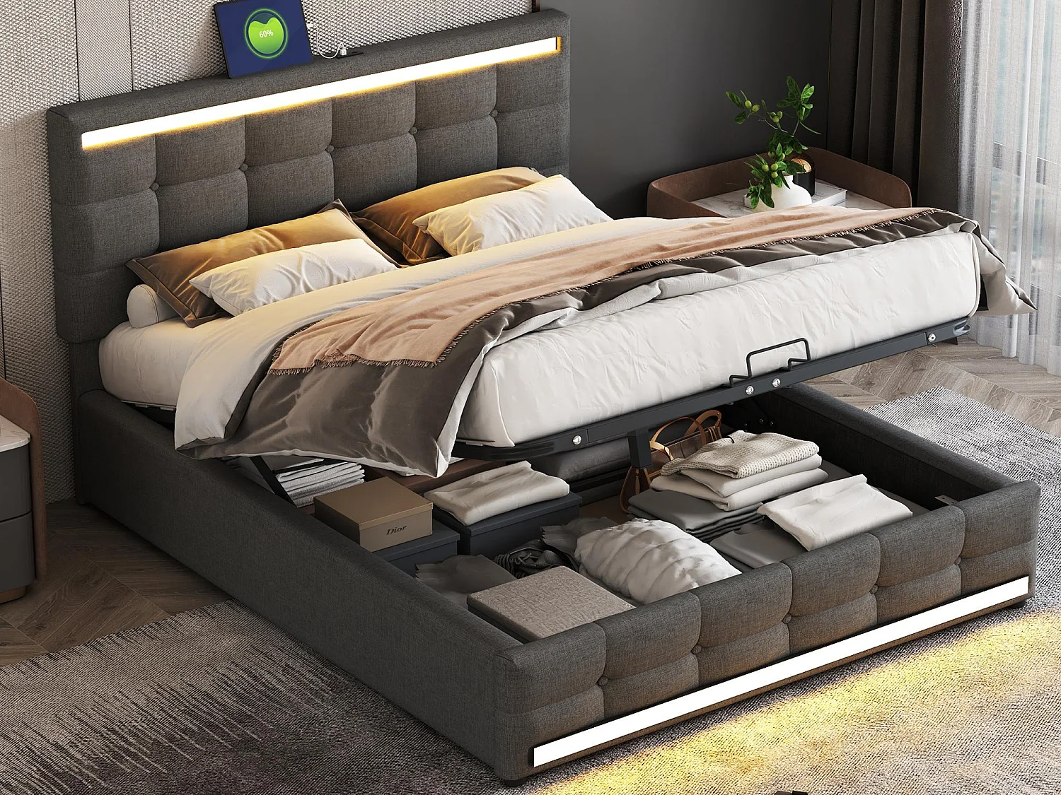 Letto contenitore in biancheria con LED + 2 porte USB + rete a doghe + testiera regolabile - 140x200 cm - grigio