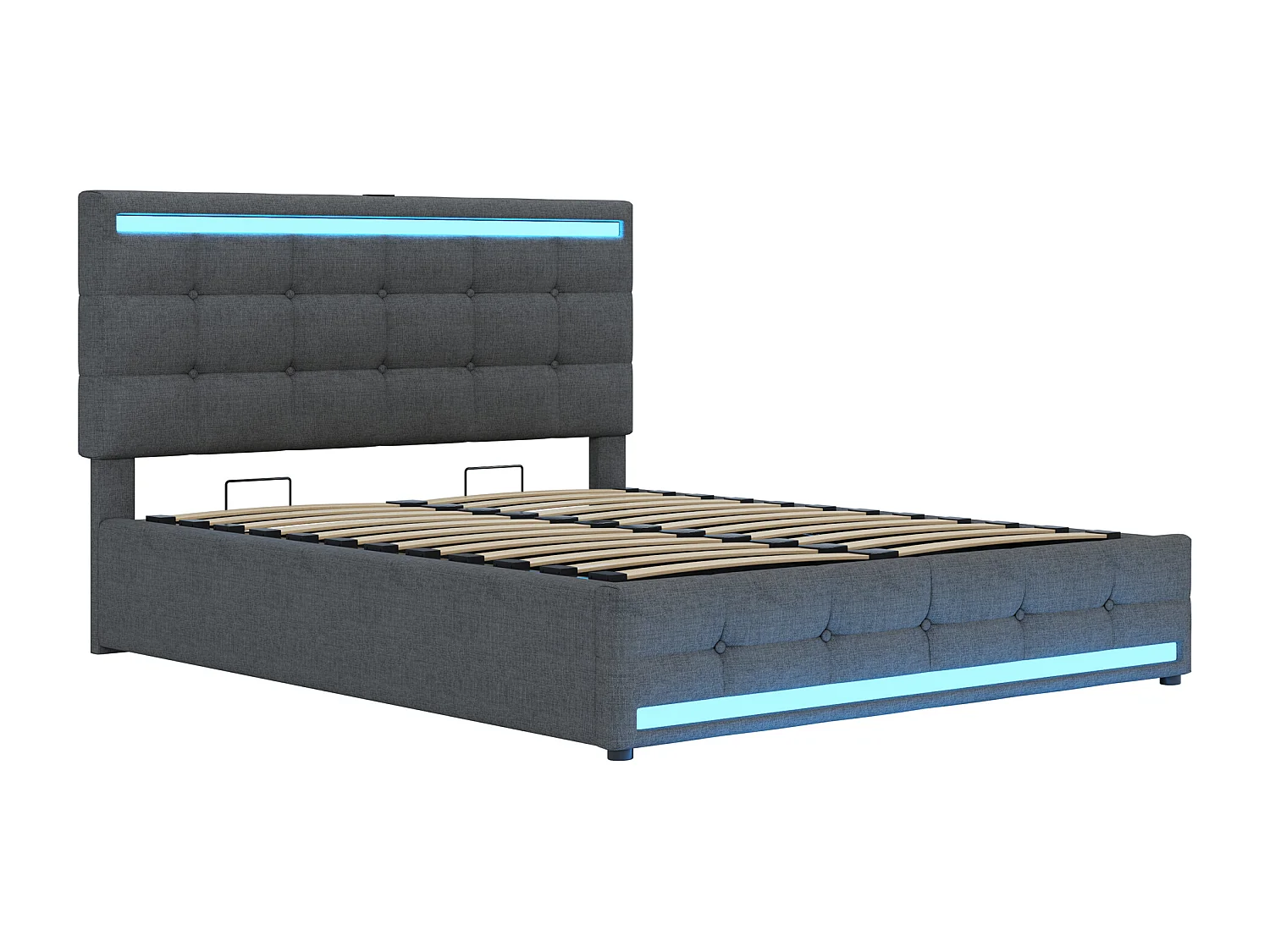 Letto contenitore in biancheria con LED + 2 porte USB + rete a doghe + testiera regolabile - 140x200 cm - grigio