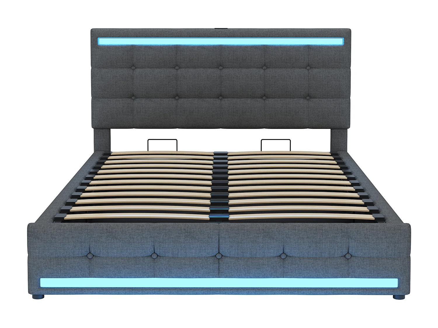 Letto contenitore in biancheria con LED + 2 porte USB + rete a doghe + testiera regolabile - 140x200 cm - grigio