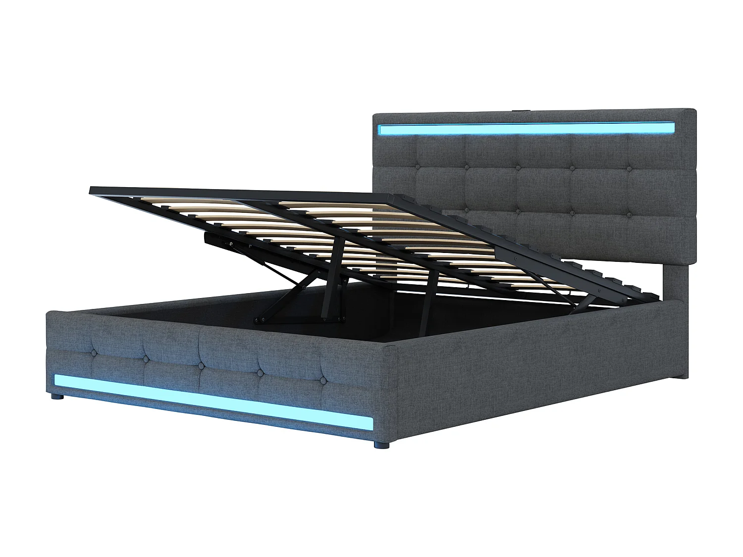 Letto contenitore in biancheria con LED + 2 porte USB + rete a doghe + testiera regolabile - 140x200 cm - grigio