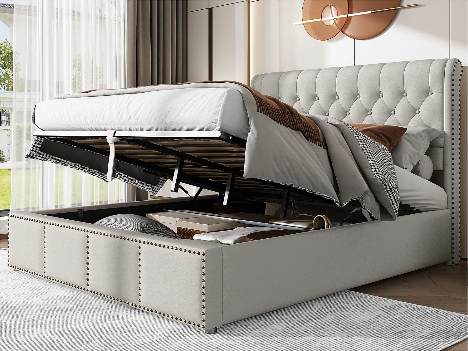 Gestoffeerd linnenopbergbed - versierd met klinknagels - met lattenbodem - 140x200cm - Lichtgrijs