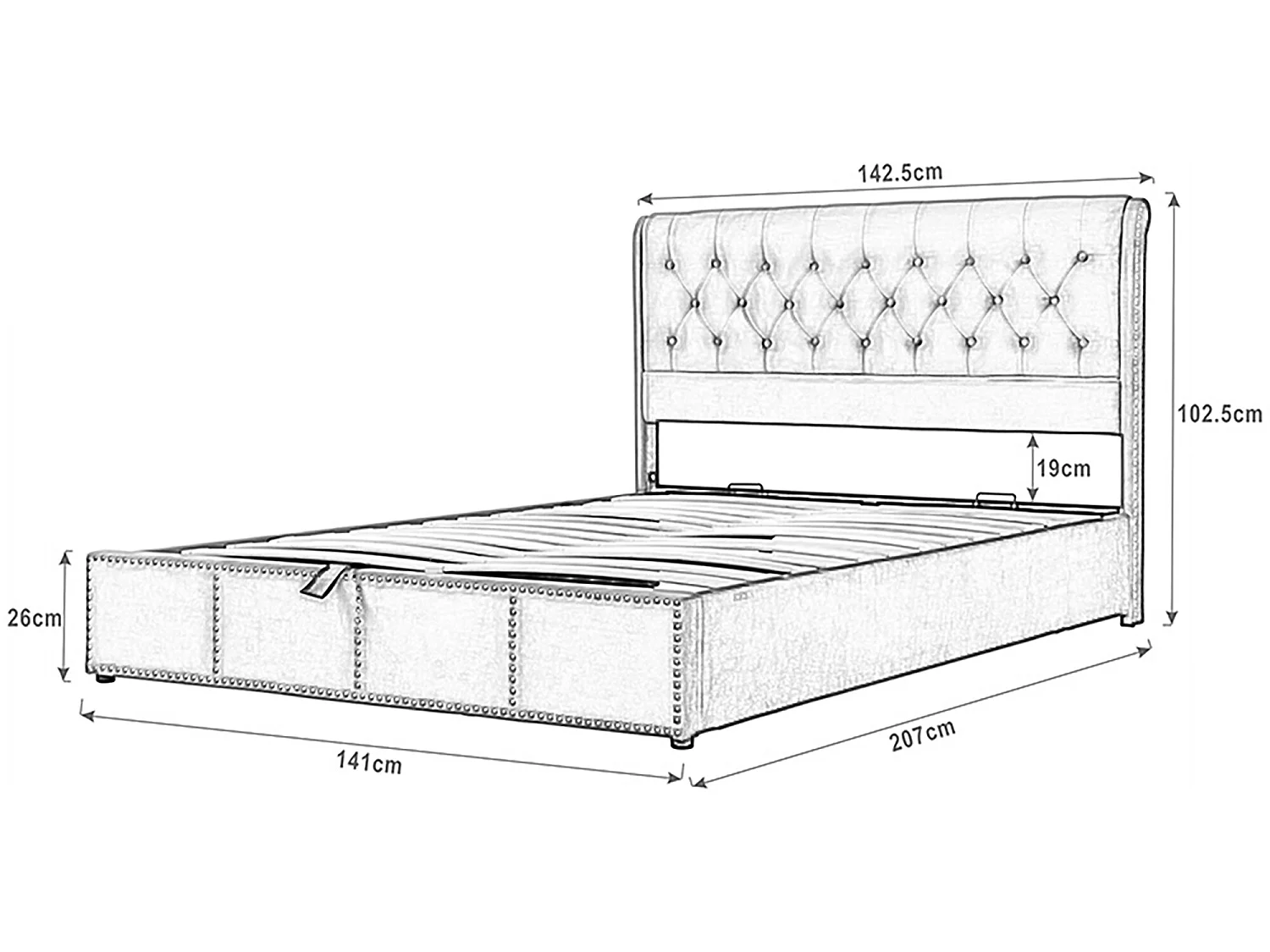 Gestoffeerd linnenopbergbed - versierd met klinknagels - met lattenbodem - 140x200cm - Lichtgrijs