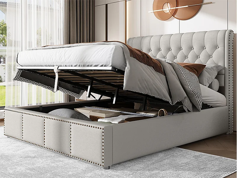 Gestoffeerd linnenopbergbed - versierd met klinknagels - met lattenbodem - 140x200cm - Lichtgrijs