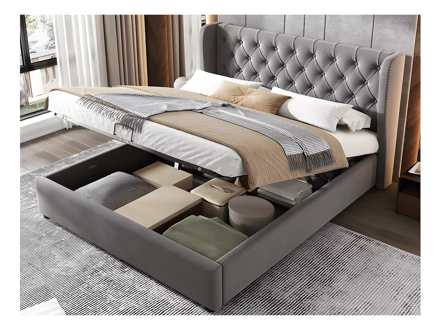 Lit coffre capitonné en velours 140x190cm avec sommier à lattes - Gris