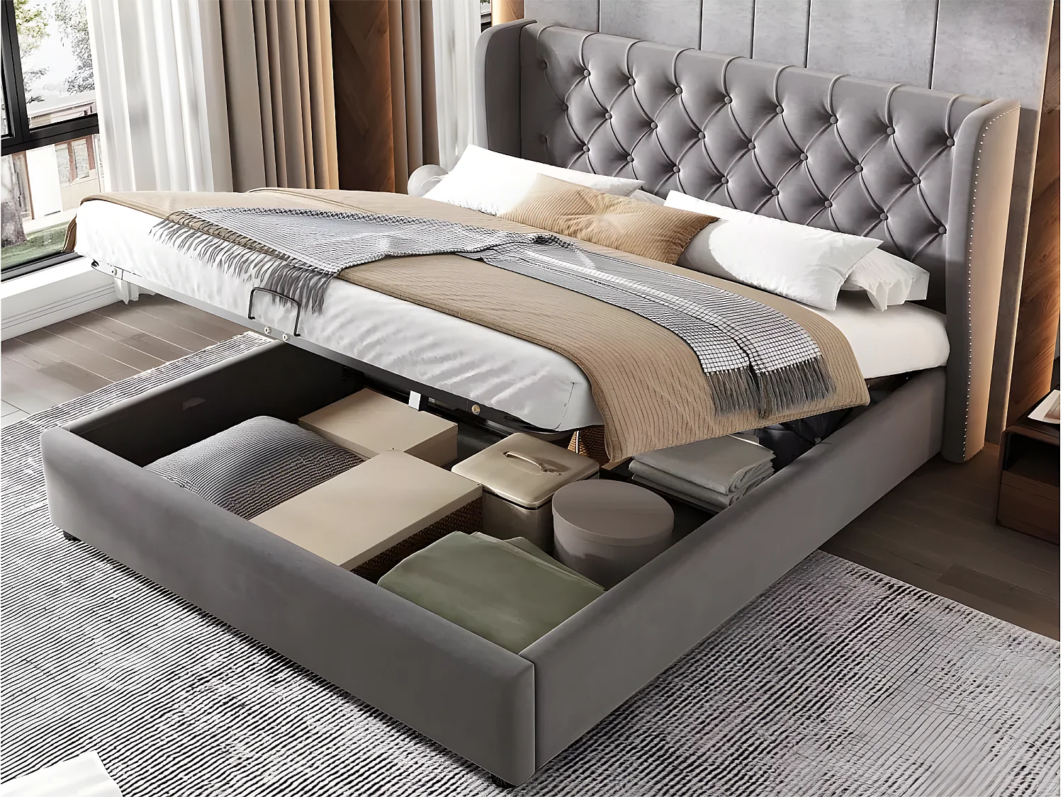 Łóżko tapicerowane welurowe 140x190cm z stelażem na listwach - Szare